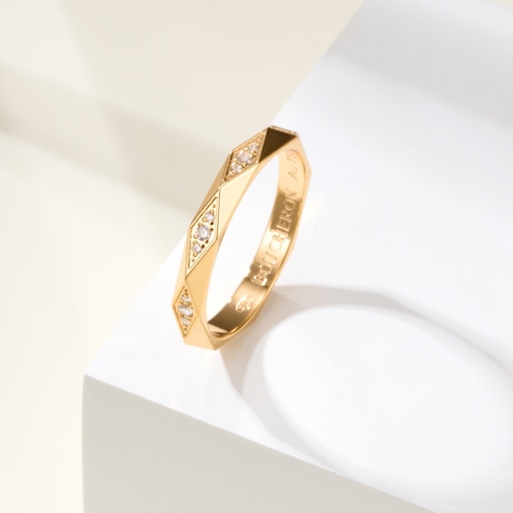 Facet-Cut Gold Ring with Pavé Stones - Women Jewelry